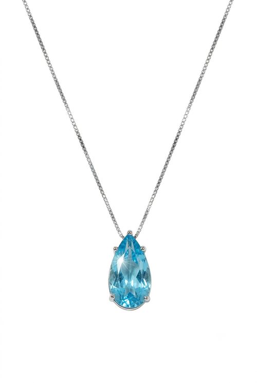 Colar Pedra Gota Azul Ródio Branco