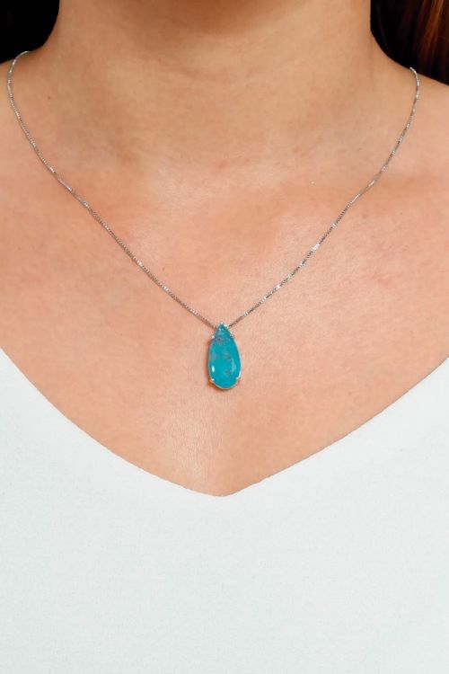 Colar Pedra Gota Azul Ródio Branco