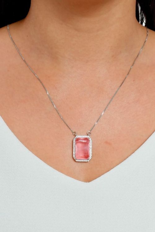 Colar Pedra Rosa Fusion Com Zircônias Ródio Branco