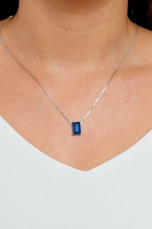 Colar Pedra Azul Em Ródio Branco