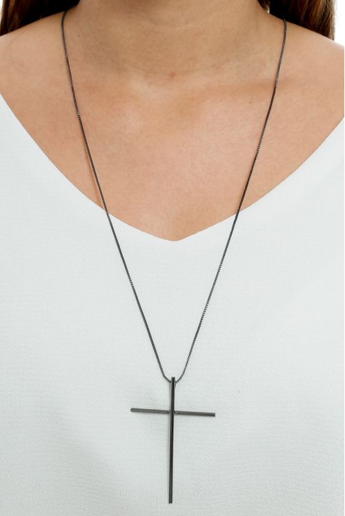 Colar Longo Crucifixo Ródio Negro