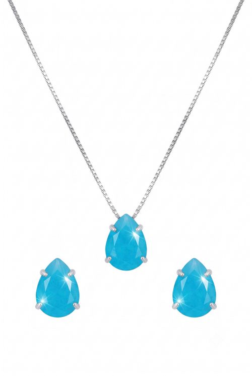 Conjunto Gota Azul em Ródio Branco