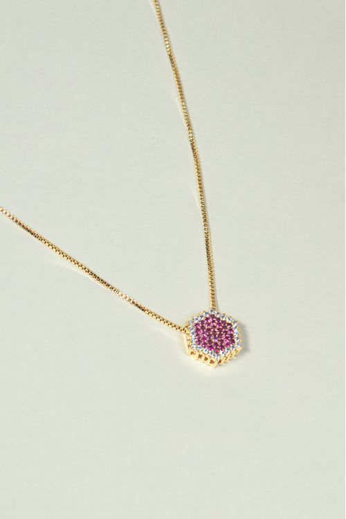 Colar Hexágono Zircônias Rosa e Cristal
