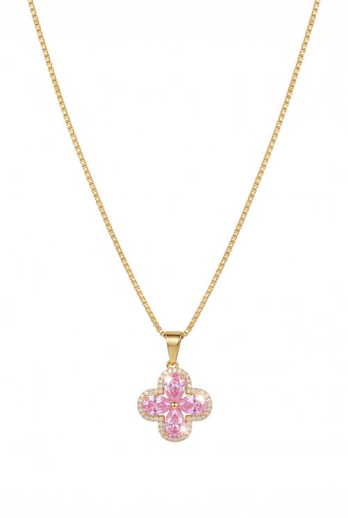 Colar Flor Com Pedras Rosa E Cravejado