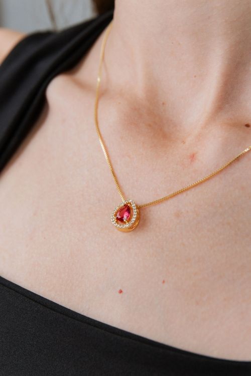 Colar Gota Rosa Cravejado