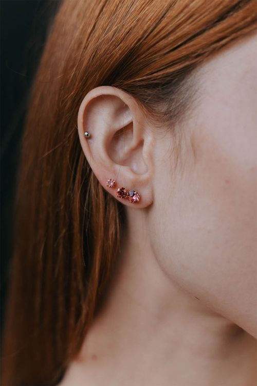 Trio De Brincos Strass Rosa