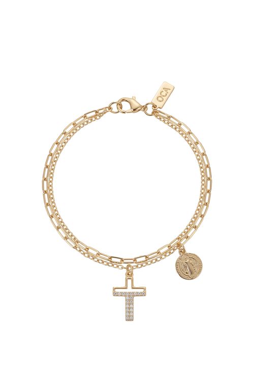 Pulseira Dupla Com Cruz Cravejada