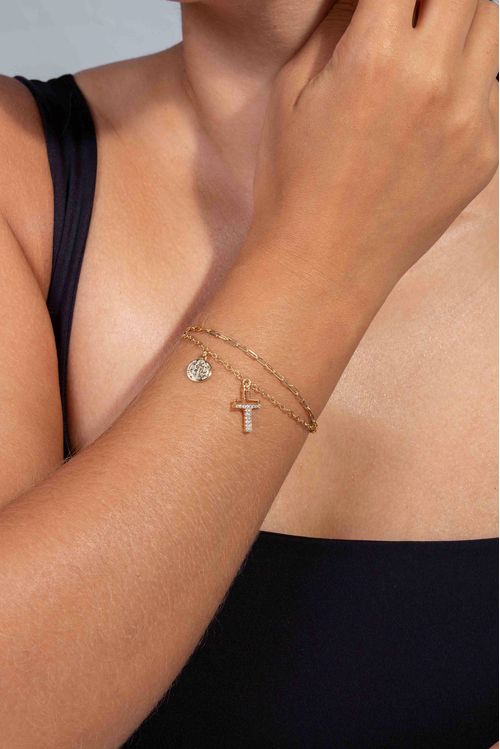 Pulseira Dupla Com Cruz Cravejada
